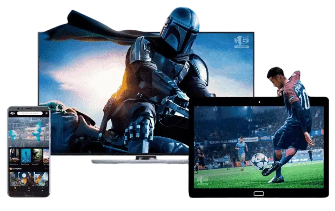 IPTV Trends streaming live TV on a television, a laptop, a tablet and a phone